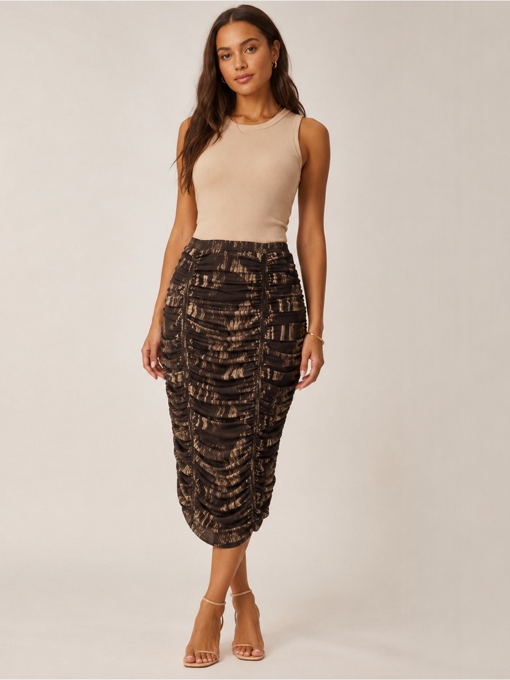 House of Harlow 1960 Women S Brown Ruched Midi Pencil Skirt Abstract NWOT